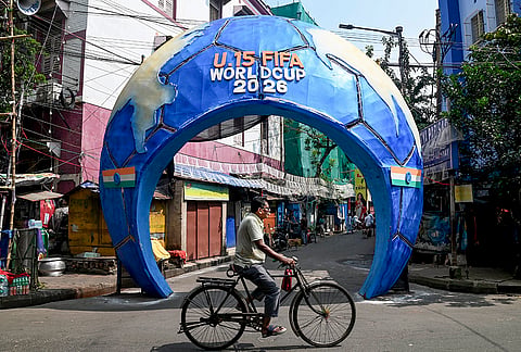 A community Durga Puja pandal themed on the 'FIFA U-15 World Cup-2026' on the occasion of 'Bijoya Dashami', in Kolkata, West Bengal.