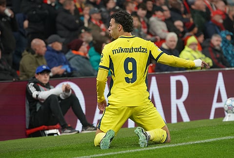 Villarreal's Georges Mikautadze celebrates after scoring his side's opening goal during the Champions League opening phase soccer match between Liverpool and Villarreal in Liverpool, England, Tuesday, Oct. 20, 2026. 
