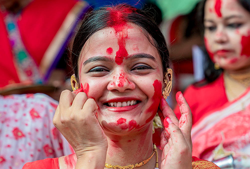 Sindoor Khela in Durga Puja festival at Durgabari Samiti, in Jodhpur,