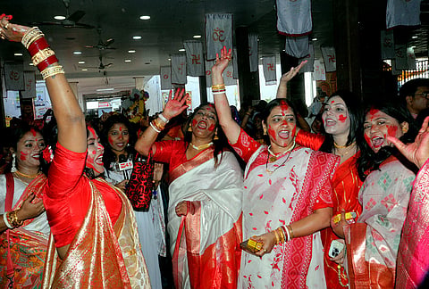 Women from the Bengali community participate in the 'Sindoor Khela' ritual a day after 'Vijaya Dashami' celebrations at Durgabari Temple, in Ranchi, Jharkhand, Wednesday, Oct. 21, 2026. 
