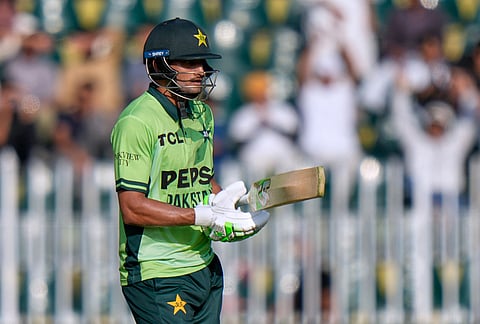 Pakistan's Hasan Nawaz celebrates after scoring fifty runs during the tri-series one-day international cricket match between Pakistan and England, in Rawalpindi, Pakistan, Tuesday, Oct. 20, 2026. 