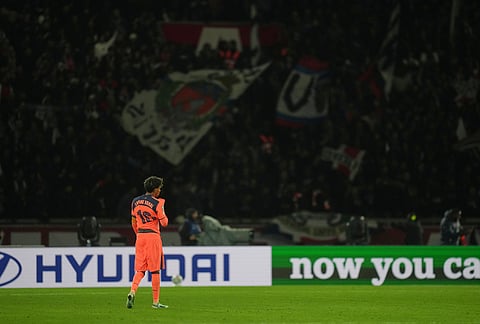 Barcelona's Lamine Yamal gestures end of the Champions League opening phase soccer match between Paris Saint-Germain and FC Barcelona in Paris, Tuesday, Oct. 20, 2026. 