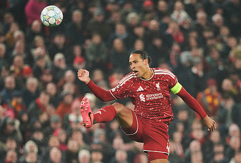 Liverpool's Virgil van Dijk in action during the Champions League opening phase soccer match between Liverpool and Villarreal in Liverpool, England, Tuesday, Oct. 20, 2026. 