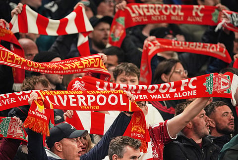 Liverpool fans cheer before the Champions League opening phase soccer match between Liverpool and Villarreal in Liverpool, England, Tuesday, Oct. 20, 2026. 