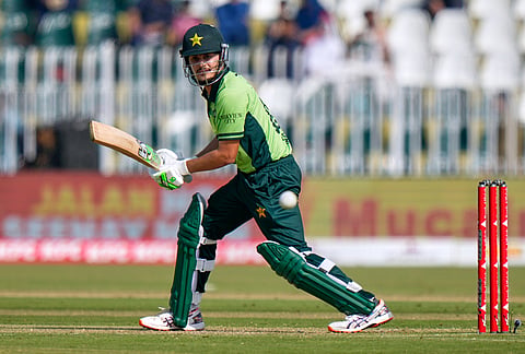 Pakistan's Saad Baig plays a shot during the tri-series one-day international cricket match between Pakistan and England, in Rawalpindi, Pakistan, Tuesday, Oct. 20, 2026. 