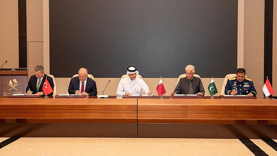 Officials from Pakistan, Qatar, Türkiye and Indonesia sign the Badr Memorandum of Understanding on defence-industries cooperation in Doha, Qatar, on October 21, 2026. -  | Qatar News Agency