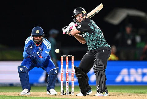 New Zealand's Glenn Phillips bats during the T20 cricket international between New Zealand and India in Christchurch, New Zealand, Thursday, Oct. 22, 2026.  
