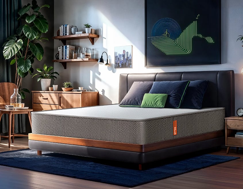 Modern mattress on a wooden frame.