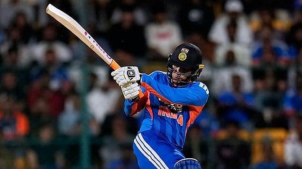 India's Abhishek Sharma plays a shot during the fifth T20 cricket match between India and West Indies in Bengaluru, India, Saturday, Oct. 17, 2026. - Photo: AP/Aijaz Rahi