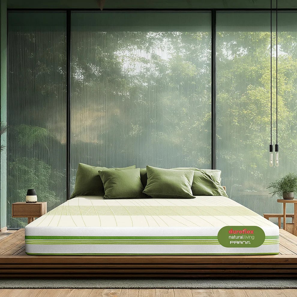 Duroflex Prana mattress in a green bedroom
