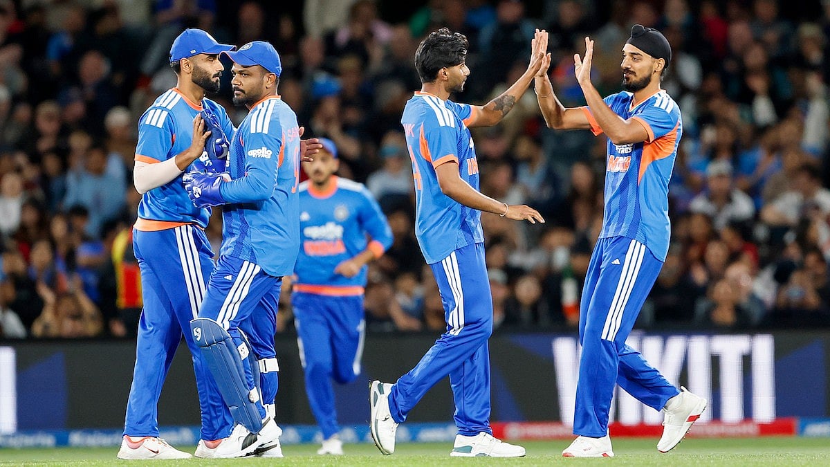 India celebrating as Mayank Yadav dismissed Tim Seifert in the first T20I at the Hagley Oval - | Photo: X/BCCI