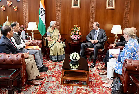 Finance Minister Nirmala Sitharaman during a meeting with MetLife CEO Michel A. Khalaf. 