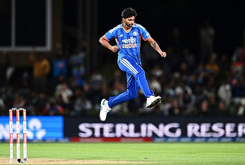India's Mayank Yadav celebrates the wicket of New Zealand's Tim Seifert during the T20 cricket international between New Zealand and India in Christchurch, New Zealand, Thursday, Oct. 22, 2026. 