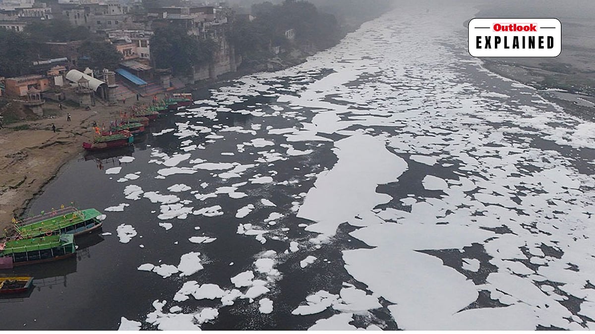 Toxic foam floats on the surface of the Yamuna river, near Mathura. - PTI