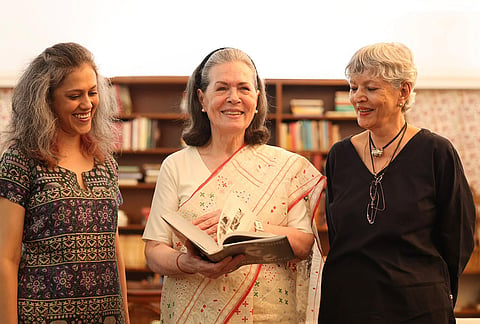 Congress Parliamentary Party Chairperson (CPP) and MP Sonia Gandhi, centre, during the unveiling of her upcoming book 'Belonging: A Journey of Love', as she makes her debut on Instagram, in New Delhi. 