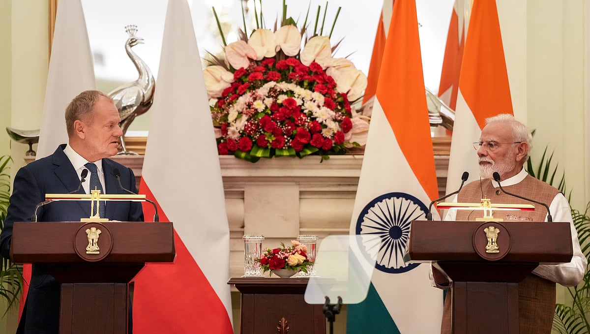 Prime Minister Narendra Modi with Poland's Prime Minister Donald Tusk during a joint press statement after a bilateral meeting, at the Hyderabad House in New Delhi, Thursday, Oct. 22, 2026.  - PTI