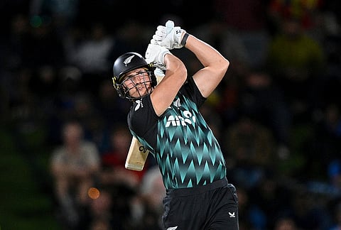 New Zealand's Bevon Jacobs bats during the T20 cricket international between New Zealand and India in Christchurch, New Zealand, Thursday, Oct. 22, 2026. 