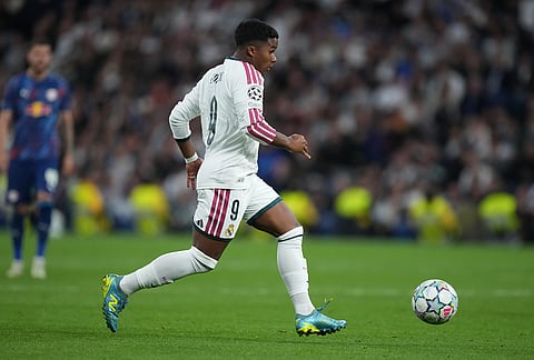 Real Madrid's Endrick is in action during the Champions League opening phase soccer match between Real Madrid and Leipzig in Madrid, Wednesday, Oct. 21, 2026. 