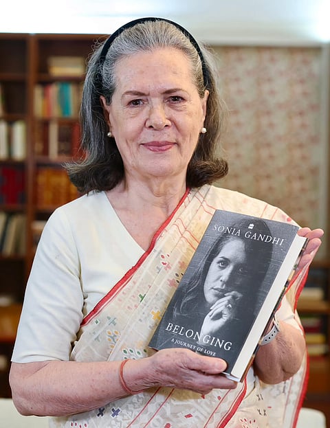 Congress Parliamentary Party Chairperson (CPP) and MP Sonia Gandhi during the unveiling of her upcoming book 'Belonging: A Journey of Love', as she makes her debut on Instagram, in New Delhi. 
