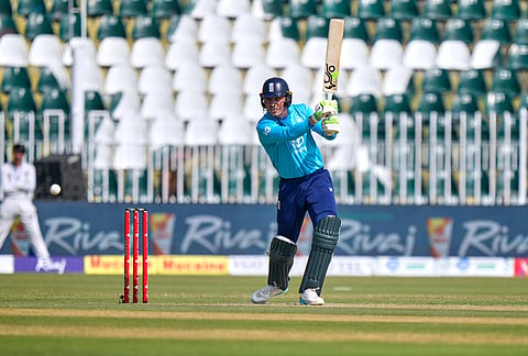 England's Tom Banton plays a shot during the tri-series one-day international cricket match between Sri Lanka and England, in Rawalpindi, Pakistan, Thursday, Oct. 22, 2026. 