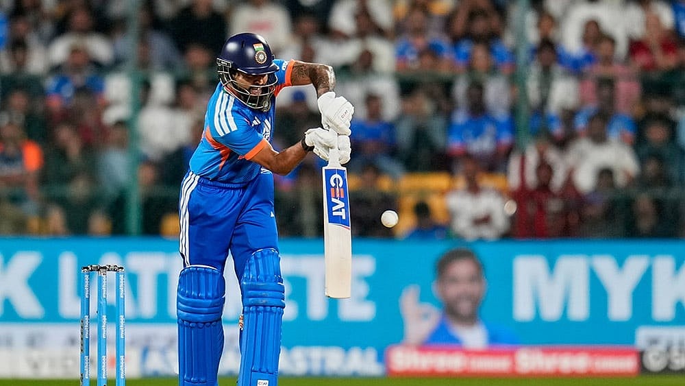 India's captain Shreyas Iyer plays a shot during the fifth T20 cricket match between India and West Indies in Bengaluru, India, Saturday, Oct. 17, 2026. - | Photo: AP/Aijaz Rahi