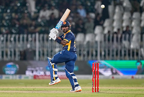 Sri Lanka's Avishka Fernando plays a shot during the tri-series one-day international cricket match between Sri Lanka and England, in Rawalpindi, Pakistan, Thursday, Oct. 22, 2026.