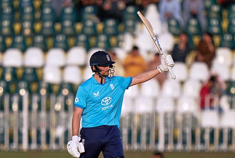 England's Will Jacks celebrates after scoring fifty runs during the tri-series one-day international cricket match between Sri Lanka and England, in Rawalpindi, Pakistan, Thursday, Oct. 22, 2026. 