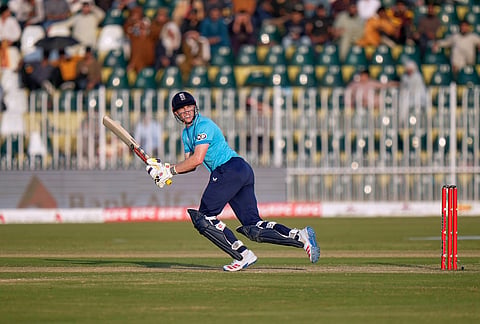 England's Harry Brook bats during the tri-series one-day international cricket match between Sri Lanka and England, in Rawalpindi, Pakistan, Thursday, Oct. 22, 2026. 