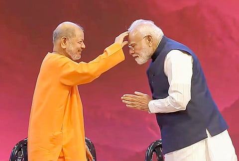 Prime Minister Narendra Modi during the inauguration of Chinmaya Amrit Mahotsav Global Sammelan, at Bharat Mandapam, in New Delhi. 