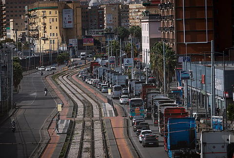Truck drivers gather to protest rising fuel prices in Naples, Italy, Thursday Oct. 22, 2026. 