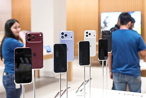 Apple products on display during the official sales launch of Apple iPhone Duo, company's first foldable smartphone, at Select Citywalk Mall, in New Delhi.
