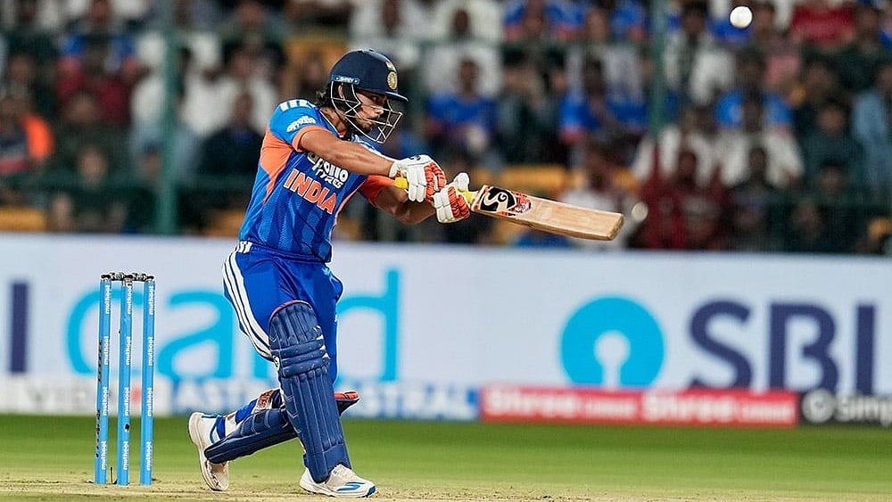 India's Ishan Kishan plays a shot during the fifth T20 cricket match between India and West Indies in Bengaluru, India, Saturday, Oct. 17, 2026. - | Photo: AP/Aijaz Rahi