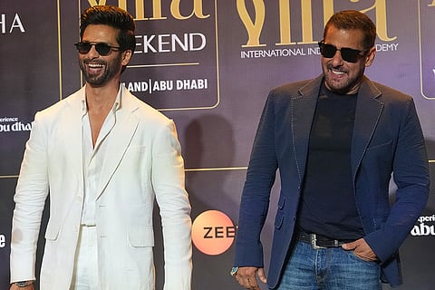 Bollywood actors Salman Khan, right, and Shahid Kapoor react during a press conference to announce the dates and venue for the 2027 International Indian Film Academy (IIFA) Awards in Mumbai, India, Thursday, Oct. 22, 2026.