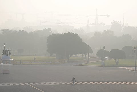 A layer of smog envelops Kartavya Path amid poor air quality, in New Delhi, Friday, Oct. 23, 2026. 
