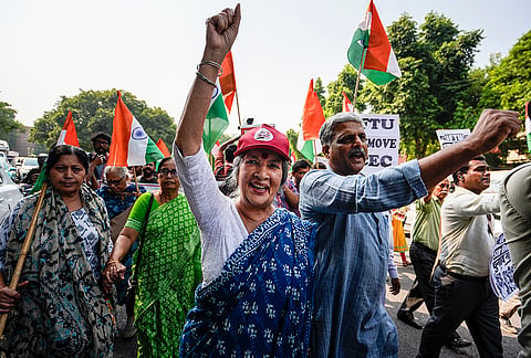 CPI(M) leader Brinda Karat and others take part in a protest against the alleged deletion of voters and Special Intensive Revision (SIR) electoral rolls, in New Delhi, Friday, Oct. 23, 2026.