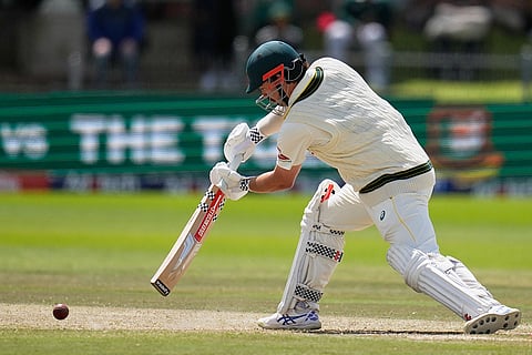 Australia's Travis Head plays a shot on day five of the second cricket test match between South Africa and Australia, in Gqeberha, South Africa, Thursday, Oct. 22, 2026.