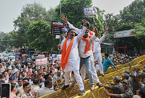 Members of Swadeshi Jagaran Manch, an organization affiliated to Hindu nationalist Rashtriya Swayamsevak Sangh (RSS), stage a protest against Elon Musk's Starlink, in New Delhi, Friday, Oct. 23, 2026. 
