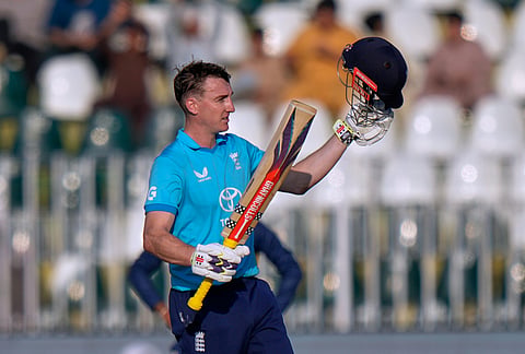 England's Harry Brook celebrates after scoring century during the tri-series one-day international cricket match between Sri Lanka and England, in Rawalpindi, Pakistan, Thursday, Oct. 22, 2026. 