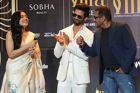 Bollywood actors from left, Rashmika Mandanna, Shahid Kapoor, and Salman Khan, share a light moment during a press conference to announce the dates and venue for the 2027 International Indian Film Academy (IIFA) Awards in Mumbai, India, Thursday, Oct. 22, 2026.