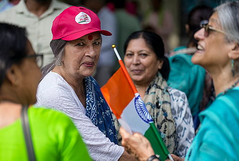 CPI(M) leader Brinda Karat and others take part in a protest against the alleged deletion of voters and Special Intensive Revision (SIR) electoral rolls, in New Delhi, Friday, Oct. 23, 2026. 
