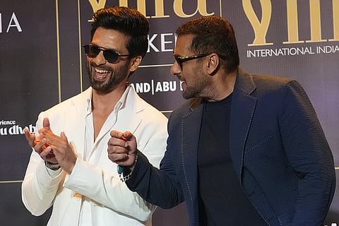 Bollywood actors Salman Khan, right, and Shahid Kapoor react during a press conference to announce the dates and venue for the 2027 International Indian Film Academy (IIFA) Awards in Mumbai, India, Thursday, Oct. 22, 2026.