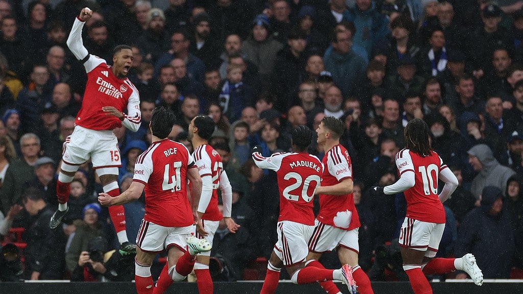 Arsenal's Ezri Konsa, left, celebrates after scoring first goal during the English Premier League soccer match between Arsenal and Everton in London. - Ian Walton/AP Photo