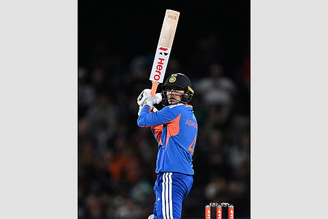 India's Abhishek Sharma watches his shot during the second T20 cricket international between New Zealand and India in Christchurch, New Zealand, Saturday, Oct. 24, 2026.