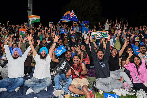 Fans cheer during the second T20 cricket international between New Zealand and India in Christchurch, New Zealand, Saturday, Oct. 24, 2026.