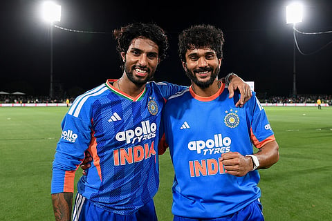 India's Tilak Varma, left, and Nitish Kumar Reddy pose after winning the second T20 cricket international between New Zealand and India in Christchurch, New Zealand, Saturday, Oct. 24, 2026.