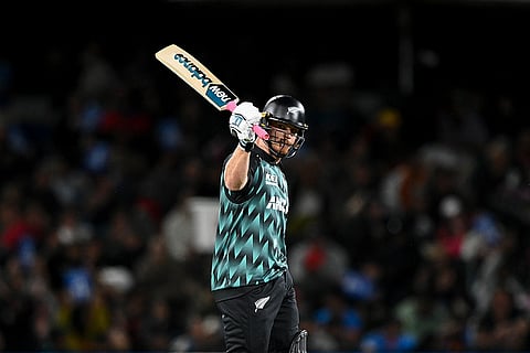 New Zealand's Glenn Phillips celebrates his fifty during the second T20 cricket international between New Zealand and India in Christchurch, New Zealand, Saturday, Oct. 24, 2026.