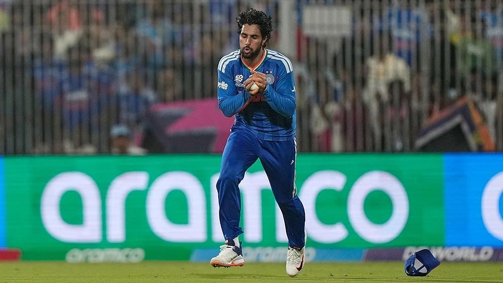 India's Tilak Varma takes the catch to get Zimbabwe's Dion Myers during the T20 World Cup cricket match between India and Zimbabwe in Chennai, India. - | Photo: AP/Mahesh Kumar A.