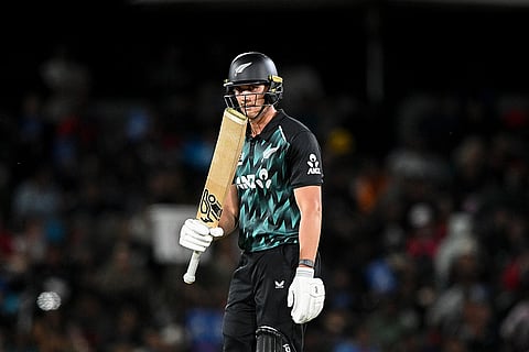 New Zealand's Bevon Jacobs celebrates his fifty during the second T20 cricket international between New Zealand and India in Christchurch, New Zealand, Saturday, Oct. 24, 2026.