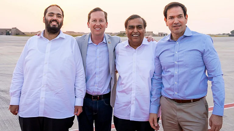 Marco Rubio with Mukesh Ambani, his son Anant Ambani during a visit to RIL's Jamnagar Refinery Complex on October 21, 2026
- Handout via PTI Photo
