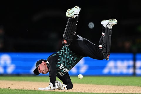 New Zealand's wicketkeeper Tim Seifert attempts to field the ball during the second T20 cricket international between New Zealand and India in Christchurch, New Zealand, Saturday, Oct. 24, 2026.